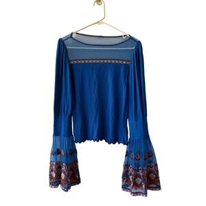 Free People Women’s Long Sleeve Shirt Blue Embroidered Boho Size XS